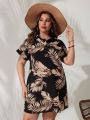 SHEIN VCAY Plus Size Ladies' Batwing Sleeve Dress With Plant Print