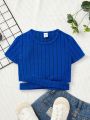 SHEIN Kids EVRYDAY Girls' Knit Slubbed Texture Round Neck Irregular Hem Casual Short Sleeve T-Shirt