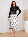 SHEIN Modely Geo Pattern Pearls and Rhinestone Beaded Sweater Dress