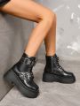 Thick Heel Wedge & Fashionable Women's Boots With Zipper And Lace Up For Casual Wear, Black, New Arrival Winter