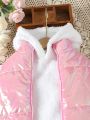 SHEIN Kids QTFun Young Girl Cute White Fleece Hoodie And Pants With Pink Quilted Vest Padded Coat 3pcs/Set For Autumn And Winter