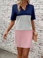 Women'S Contrast Color V-Neck Short Sleeve Dress With Cutout