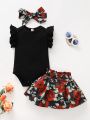 Baby Ruffle Trim Bodysuit & Floral Print Skirt With Headband