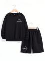 SHEIN Kids EVRYDAY Boys' Leisure Alphabet Print Round Neck Pullover Long-sleeved Shirt, Printed Shorts Knitting Two-piece Set