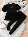 SHEIN Kids FANZEY Little Girl's Puff Sleeve Top And Leggings Set