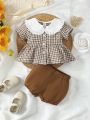 Infant Girls' Stylish Casual Doll Collar Gingham Shirt And Lantern Shorts For Spring/Summer