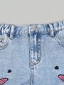 Teen Girls' Casual Cool Frayed Denim Shorts With Comfortable Elastic Waistband, Distressed Hemline, Embroidered Butterfly Detailing And Snow Wash Treatment