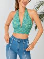 SHEIN WYWH Space Dye Ring Linked Front Tie Backless Crop Halter Top