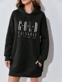 Women's Letter Printed Hooded Sweatshirt Dress With Drawstring
