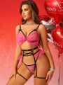 Women'S Sexy Lingerie Set With Mesh Splicing, Polka Dot & Floral Print And Tie Closure