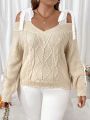 SHEIN Qutie Plus Size Lace Up Shoulder Long Sleeve Pullover Sweater