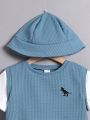 SHEIN Toddler Boys' Casual Comfortable Dinosaur Pattern Color Block Short Sleeve Top With Shorts & Hat Outfit (2 in 1 Design)