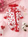 2pcs Baby Girls' Spring/Autumn Heart & Bowknot Printed Ruffle Collar Long Sleeve Jumpsuit With Headband