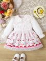 Baby Girl'S Fashionable Cartoon Printed Dress With Peter Pan Collar And Lace Trim