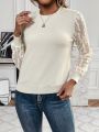 SHEIN Frenchy Round Neck Long Sleeve Sweater Top With Lace Panel