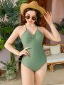 SHEIN Teen Girl Knitted Solid Color Crisscross Straps Casual One-Piece Swimsuit