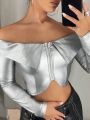 SHEIN ICON Ladies' Off Shoulder Zipper Metallic Cropped T-Shirt