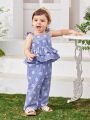 SHEIN Baby Girl Casual Plaid & Flower Pattern Sleeveless Top With Elastic Waist Long Pants Set, Vacation Style