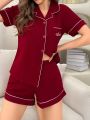 Women's Letter Embroidered Contrast Trim Homewear Set