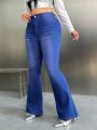 SHEIN ICON Y2k Blue Plus Size Women'S Casual High Waisted Skinny Denim Flare Pants