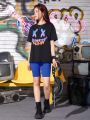 SHEIN Teen Girl Cartoon Graphic Drop Shoulder Tee & Biker Shorts