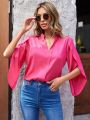 Solid Color Shirt With Petal Sleeves And Notched Neckline