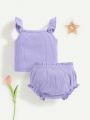 SHEIN Baby Girl Ruffle Cami  Top Contrasting Color Bow Casual Shorts Two-Piece Set