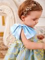 SHEIN Baby Girl's Gorgeous And Elegant Gold Floral Pattern Mesh Patchwork Asymmetrical Collar Sleeveless Dress Sibling Outfits (3 Pieces Are Sold Separately)