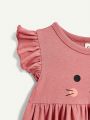 Cozy Cub Baby Girl Cartoon Little Rabbit Pattern Ruffled Round Neckline Empire Waist Dress Set