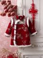 2023 Autumn And Winter Baby Girls Plate Button Plush Dress