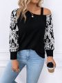 SHEIN LUNE Plus Plants Print Asymmetrical Neck Rib-knit Top