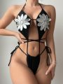 SHEIN Swim BAE Women's One Piece Swimsuit With Diamond Flower Decorative Halter Neck