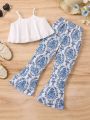 SHEIN Kids EVRYDAY Little Girls' Solid Color Spaghetti Strap Top & Full Print Bell Bottom Pants Casual Holiday Two Piece Set