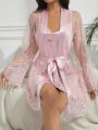 Women'S Lace Long Sleeve Robe And Cami Slip Nightgown Pajama Set