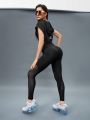 Breathable Mesh Splice Peach Hip Sports Leggings For Spring And Summer