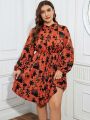 SHEIN LUNE Plus Size Flower Pattern Lantern Sleeve Dress