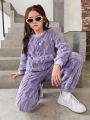 SHEIN Kids HYPEME Tween Girl Solid Teddy Pullover & Pants