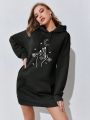 Moon & Hand Graphic Kangaroo Pocket Drop Shoulder Drawstring Hoodie Dress