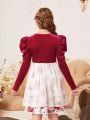 SHEIN Girls' Knit Pure Color Short Plush Round Neck Joint Woven Skirt Hem Elegant Dress