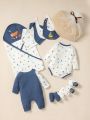 SHEIN Newborn Baby Gift Set In Simple Vacation Style, Ocean Sailboat Print Jumpsuit & Long Pants, Cute, Loose & Comfortable For Daily Wear, Spring & Summer