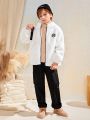 SHEIN Tween Boy Letter Patched Zip Up Hooded Teddy Coat