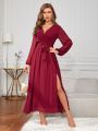 Lantern Sleeve Split Thigh Belted Chiffon Bridesmaid Dress