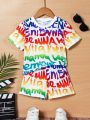 SHEIN Kids SUNSHNE Boys' (Little) Letter Print Short Sleeve T-Shirt And Shorts Two-Piece Set