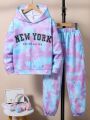 Teen Girls' Letter Print Tie Dye Inner Lined Hoodie And Sports Pants Two Piece Set For Warmth