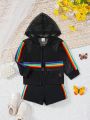 Baby Girls' Rainbow Striped Outdoor Sports Mesh Hooded Jacket, Tank Top And Shorts 3pcs/Set For Summer