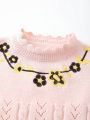 Newborn Baby Girls' Cute Floral Pattern Knitted Sweater, Without Sleeves, With Flower Decorated Edge, For Fall And Winter