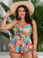 SHEIN Swim Vcay Plus Size Tropical Print Hollow Out Front Cami Top And Triangle Bottom Bikini Set