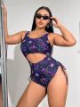 SHEIN Swim Y2GLAM Women's Plus Size Full Spider Pattern Printed Drawstring Hollow Out One Piece Swimsuit