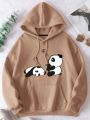 Plus Panda Print Kangaroo Pocket Drawstring Thermal Lined Hoodie