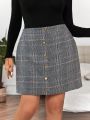 SHEIN Essnce Plus Plaid Print Button Front Skirt